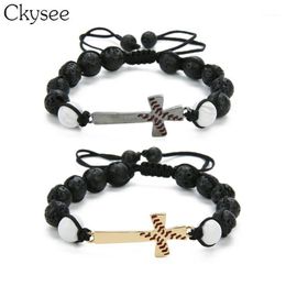 Ckysee Handmade Braided Macrame Black Lave Stone Beaded Bracelet Baseball Cross Bracelet Christian Jewellery For Women And Men1291u