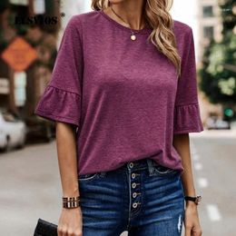 Women's T Shirts Women Fashion T-shirts Summer Autumn Solid Colour Casual Single Breasted Ruffled Sleeves Blouses Elegant Lady Party