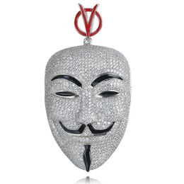 Hip Hop V for Vendetta Necklace Silver Color Cubic Zircon Mask Pendant for Men Ice Out Tennis Chain Rapper Jewelry299z