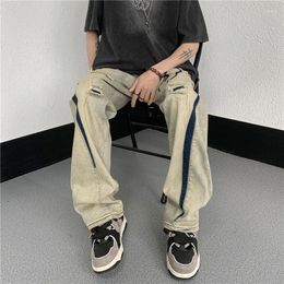 Men's Jeans 2023 Retro Distressed Ripped Hole Mens High Waist Baggy Wide Leg Denim Pants Streetwear INS Literary Casual Trousers