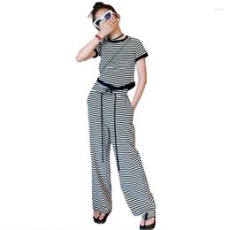 Clothing Sets Summer Girls Cotton Loose Striped T-Shirt Tops Wide Leg Pants Suit School Kids Preppy Clothes Children Outfits 5-14 Years