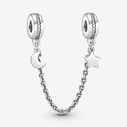 100% 925 Sterling Silver Half Moon and Star Safety Chain Charms Fit Original European Charm Bracelet Fashion Women Wedding Engagem211R