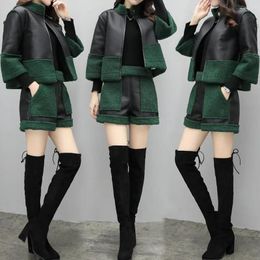 Women's Tracksuits Oversized Autumn PU Leather Coat Shorts Set Plush Fashion Faux Two Piece Suit Winter For Female