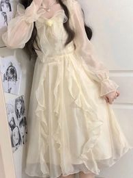 Casual Dresses Fairycore Princess Mesh Elegant Wedding Party Long Girl Spring Autumn Waist Bow Tie Lace Sleeve Design Bodycon Dress