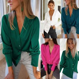Women's Blouses 2023 Women Solid Colour Shirts Button Long Sleeves Clothes Loose Style V-neck Blouse 4 Colours Drop