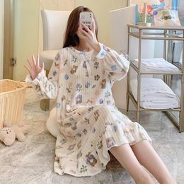 Women's Sleepwear Plus Size Long Sleeve Thick Warm Flannel Nightgowns For Women Winter Korean Cute Lace Coral Velvet Night Dress Nightdress
