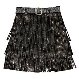 QNPQYX New Spring Heavy Drilling Dress Rhinestones Fringe Skirt with Belt Womens High Waist Multi Layer Short Cake Skirts Sexy Fashion