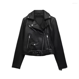 Women's Leather Autumn Lapel Long-sleeved Faux Motorcycle Jacket Fashionable And Versatile Zipper PU Coat Top