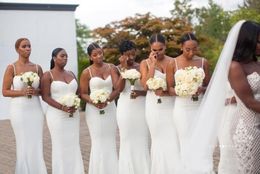 2023 Modest White Spaghetti Straps Bridesmaid Dresses Ruched Sleeveless Satin Maid Of Honour Dresses Cheap African Wedding Guests Wear