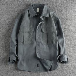 Men's Casual Shirts Minimalist Design With Large Pockets Work Clothes Long Sleeved Woven Cotton Outerwear 478