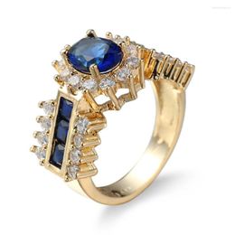 Cluster Rings Fiery Female Golden Oval Ring Fashion Blue & White Filled Jewellery Vintage Wedding For Women Birthday Stone Gifts