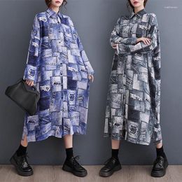 Casual Dresses Design Shirt Dress Long Vintage Women's 2023 Autumn Oversized Fashion Bat Sleeve Versatile Printed Clothing Z3096