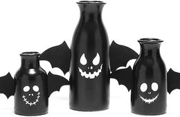 Conjunto de decoração de 3 peças de vaso de Halloween Vaso de cerâmica brilhante com lindo rosto fantasma esculpido e combinação de decoração de morcego preto