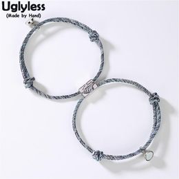 Uglyless 1Pair Lovers Infinity Bracelets Adjustable Rope Chain Bracelet for Couples 925 Silver Mountain Wave Bead Magnet Jewelry C239D