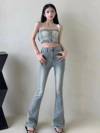 Women's Two Piece Pants Girl Sweet Denim Set For Women Sleeveless Sexy Bra Crop Top High Waisted Jeans Vintage Fashion 2 Pant Sets