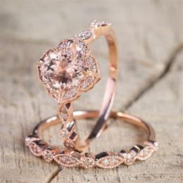 Bridal Crystal Ring For Women 2Pcs Set Jewellery Rose Gold Colour Wedding Band Girls Gift Engagement Wedding Ring Set326c