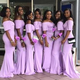 2023 Lavender Off Shoulder Mermaid Short Sleeves Middle East Long Bridesmaid Dresses With Slit Side Junior Adults Bridesmaids Gowns