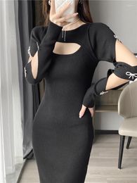 Casual Dresses Spring Autumn Knit Hollow Out O-Neck Black Dress Girls Long Sleeve Knee-Length Stretchy Thin Bodycon Vestidoes For Women