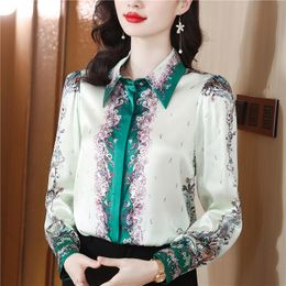 Luxury Designer Retro Floral White Shirt Long Sleeve Women Simple Fashion Glossy Silk Satin Blouses Autumn Winter Graphic Button Up Shirts Office Ladies New in Tops