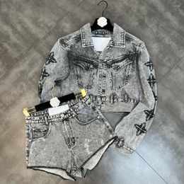 Women's Tracksuits Gotoola 2023 Early Autumn Lapel Long Sleeve Loose Snowflake Washed Coat High Waist Shorts Girl Sexy Denim Two-Piece Suit