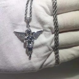 Whole-Hip Hop CZ Stone Paved Bling Ice Out Little Angel Pendants Necklace for Men Rapper Jewelry with 24inches Rope Chain284z