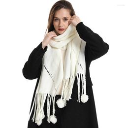 Scarves 2023 Fashion Knitting Cashmere Scarf Big Shawl For Women Thick Winter Warm Soft Solid Pashmina Hairball Tassel