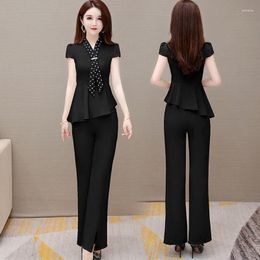 Women's Two Piece Pants Summer Office Suit V-Neck Two-Piece Sets Female Ruffler AsymmetricaGirly Elegant Temperament Pantsuit Setup Ladies