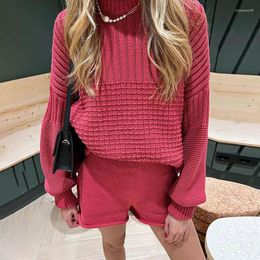 Women's Tracksuits Solid Colour Autumn Winter Knitted Set Round Collar Long Sleeve Loose Casual Shorts Two Piece Suits Women Fashion Sweater