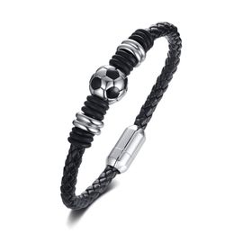 Soccer Bracelet Sports Jewelry Gift for Soccer Lover Football Charm Braided Leather Bracelet with Stainless Steel Magnet Clasp2302