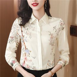 Vintage Silk Women Designer Beige Shirt Langarm Elegant bedrucktes klassisches Lampelknopf -Hemden 2023 Herbst Winter Runway Satin Bluse Büro Damen Casual Tops