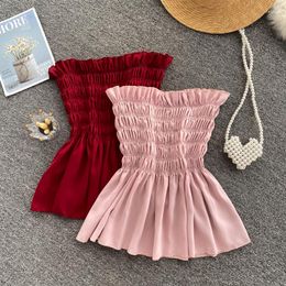 Women's Blouses Streetwear Summer 2023 Sweet Ruffles Tube Top Elastic Waist Swing Short Blouse Women Strapless Sleeveless Vest Shirt