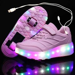 Спортивные уличные USB-зарядки Черные двухколесные светящиеся кроссовки со светодиодной подсветкой Обувь для роликовых коньков для детей Детская светодиодная обувь Обувь для мальчиков и девочек 28-43 Q231003
