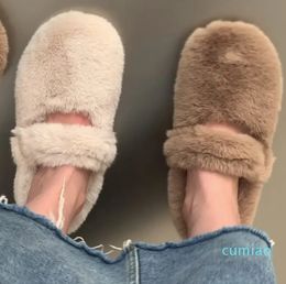 Slippers Mary Jane Fluffy Cotton Slippers Women's Winter Clothes Winter Fleece Lining Thickened One Pedal Comfortable Cotton Shoes