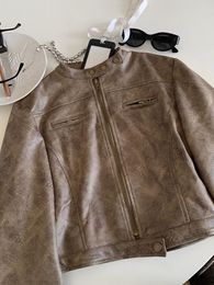 Women's Leather LY VAREY LIN Spring Autumn Women Vintage Slim Moto Biker Suede PU Coat Streetwear Stand Collar Faux Short Jacket