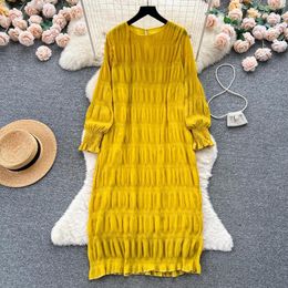 Casual Dresses Clothland Women Vintage Pleated Dress Long Sleeve Round Collar One Piece Candy Colour Basic Midi Mujer QC950