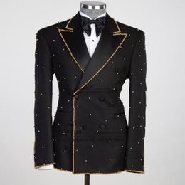Men's Suits Gold Beaded Pearls Men Notched Lapel Groom Tuxedos Wedding Prom Blazers Pants Outfit Terno Masculino Completo