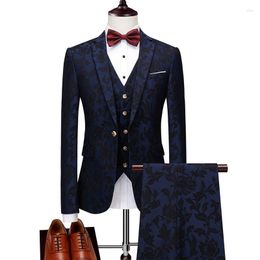 Men's Suits Blazer Pants Vest High-end Banquet Boutique Jacquard British Style Slim Groom Wedding Luxury Suit Three Piece Set