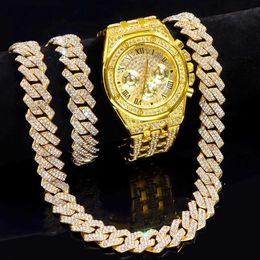 Pendant Necklaces 14mm Necklace+watch+bracelet Iced Out Watches for Men 2 Row Rhinestone Cuban Chain Necklace Set Women Hiphop Jewellery Gift