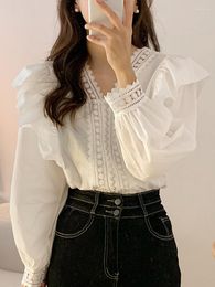 Women's Blouses Autumn White Shirts Women Korean Fashion Lace Patchwork Ruffle Blouse Office Ladies Elegant Vintage Puff Sleeve Casual