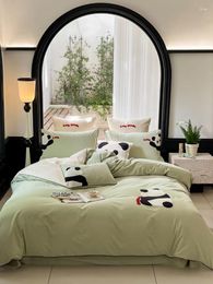 Bedding Sets Four-Piece Set Autumn And Winter Cotton Brushed Thickened Warm Panda Animal Cartoon Embroidered Cute Quilt Cover Green