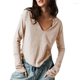 Women's T Shirts Casual Tops For Women 2000s Clothing Basic Solid Colour V Neck Long Sleeve Asymmetrical Hem Shirt Y2k Autumn Clothes