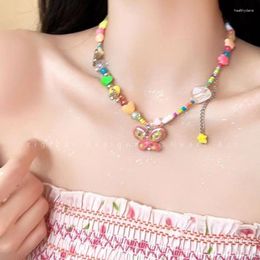 Pendant Necklaces 2023 For Women Summer Dopamine Colourful Heart-Shaped Butterfly Beaded Design Clavicle Sweet Girl Necklace Jewellery