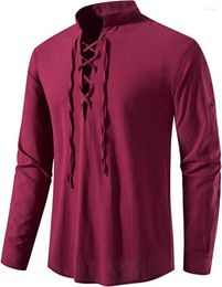 Men's Casual Shirts 2023 Foreign Trade Amazon Cotton Henley Shirt Hippie Beach Stand Collar Long Sleeve