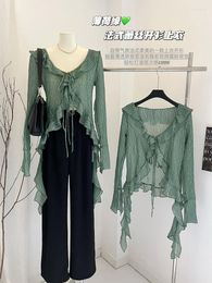 Women's Blouses French Fashion Green Casual Shirts V-Neck Beach Lace Up 2023 Gyaru Summer Y2k Coquette Flare Sleeve Design 90s Trend