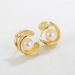 Stud Earrings Silvology Real 925 Sterling Silver Shell Pearl Bend Earring For Women Chic French Soft Unique Design Female Jewelry