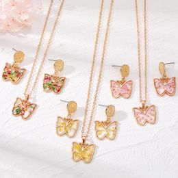 Pendant Necklaces 1 Set Golden Natural Dried Flower Butterfly Necklace Earrings For Women Eternal Real Insect Party Wedding Jewellery