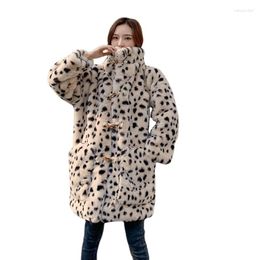 Women's Fur Long Faux Coat Women Winter Leopard Plush Jacket Female Horn Button Stand Collar Warm Fluffy Over Outerwear