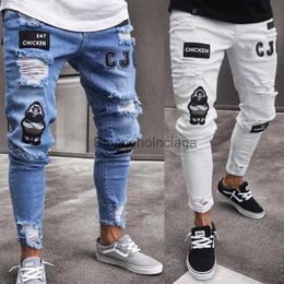 Men's Jeans White Embroidery Skinny Ripped Jeans Men Cotton Stretchy Slim Fit Hip Hop Denim Pants Casual Jeans for Men Jogging Trousers