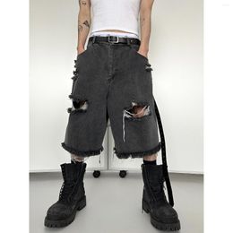 Men's Jeans Black Grey Washed And Destroyed Tassel High-End Loose Street Trendy Handmade Ripped Hip Hop Shorts Summer Plus Size Pants