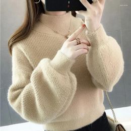 Women's Sweaters Short Knitted Sweater Purple Soft Woollen Winter Girls Mohair Autumn Pullover Lantern Sleeves Tops Cashmere Velvet Knitwear